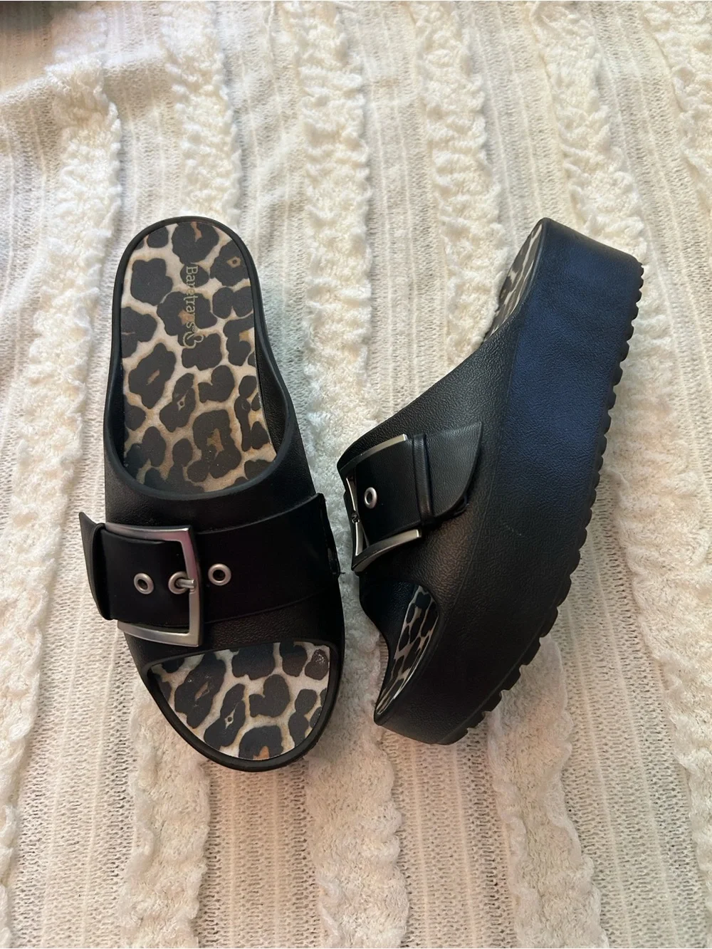BareTraps Black Platform Slide Sandals with Leopard Insole